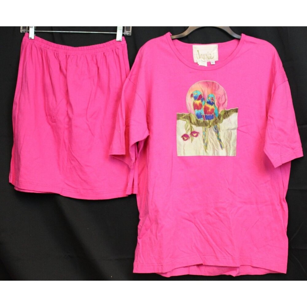 Vtg 80s Jamie 2pc Outfit Womens Pink Shirt Skirt Tropical Bird Flowers Macaw Lg